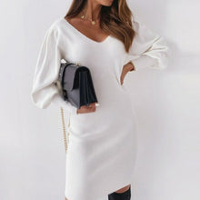 Load image into Gallery viewer, Lace V neck Backless Women's Sweater Dress Long Lantern Sleeve Sexy