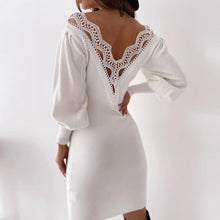 Load image into Gallery viewer, Lace V neck Backless Women's Sweater Dress Long Lantern Sleeve Sexy