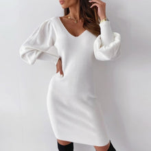 Load image into Gallery viewer, Lace V neck Backless Women's Sweater Dress Long Lantern Sleeve Sexy