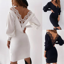 Load image into Gallery viewer, Lace V neck Backless Women's Sweater Dress Long Lantern Sleeve Sexy