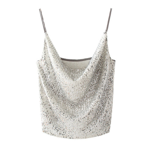 Ladies Glitter Backless Rhinestone Sequins Low Cut V Neck Sexy