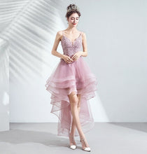 Load image into Gallery viewer, Lace Appliques High Low Evening Party Dresses V Neck Spaghetti