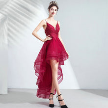 Load image into Gallery viewer, Lace Appliques High Low Evening Party Dresses V Neck Spaghetti