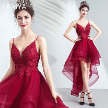 Load image into Gallery viewer, Lace Appliques High Low Evening Party Dresses V Neck Spaghetti