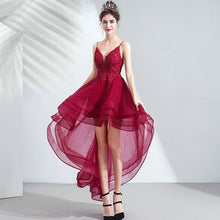 Load image into Gallery viewer, Lace Appliques High Low Evening Party Dresses V Neck Spaghetti