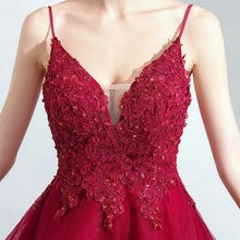 Load image into Gallery viewer, Lace Appliques High Low Evening Party Dresses V Neck Spaghetti