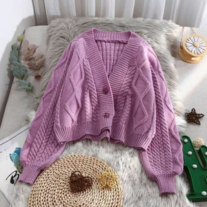 Lantern sleeve cardigan knitted sweater