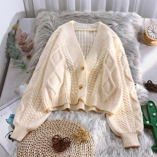 Lantern sleeve cardigan knitted sweater