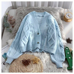 Lantern sleeve cardigan knitted sweater