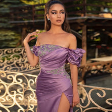 Load image into Gallery viewer, Lavender Off The Shoulder Elegant Evening Gowns Pleated Beaded High