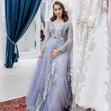 Load image into Gallery viewer, Lavender V Neck Tulle A line Moroocan Kaftan Dubai Evening Dress