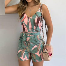 Load image into Gallery viewer, Leaf Print Striped Spaghetti Strap Tied Romper Women Playsuits - Sophornlilly