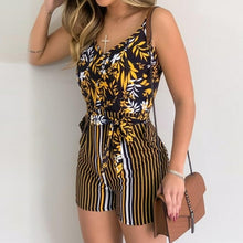 Load image into Gallery viewer, Leaf Print Striped Spaghetti Strap Tied Romper Women Playsuits - Sophornlilly