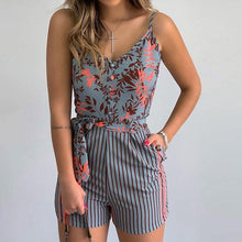 Load image into Gallery viewer, Leaf Print Striped Spaghetti Strap Tied Romper Women Playsuits - Sophornlilly