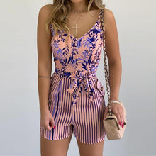 Load image into Gallery viewer, Leaf Print Striped Spaghetti Strap Tied Romper Women Playsuits - Sophornlilly