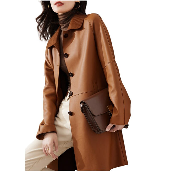 Genuine Leather Coat Women's Spring Autumn Fashion Mid-length Trench