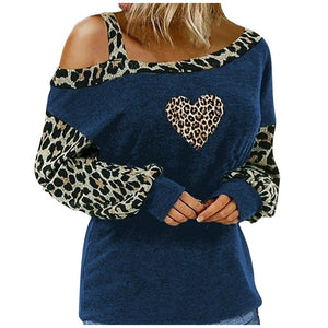 Leopard Heart Printed Blouse Sexy Off Shoulder Patchwork Tunic Tops