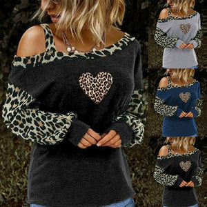 Leopard Heart Printed Blouse Sexy Off Shoulder Patchwork Tunic Tops