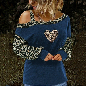 Leopard Heart Printed Blouse Sexy Off Shoulder Patchwork Tunic Tops