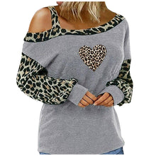 Load image into Gallery viewer, Leopard Heart Printed Blouse Sexy Off Shoulder Patchwork Tunic Tops