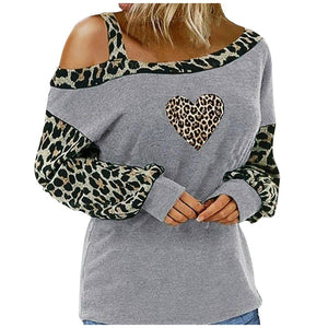 Leopard Heart Printed Blouse Sexy Off Shoulder Patchwork Tunic Tops