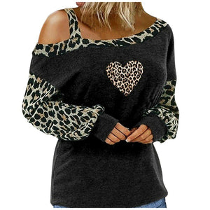 Leopard Heart Printed Blouse Sexy Off Shoulder Patchwork Tunic Tops