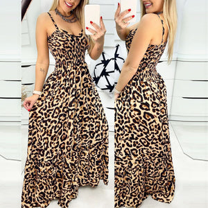 Leopard Print V Neck Sexy Long Dress Women Elastic Waiste Slim