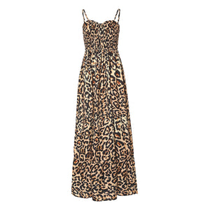 Leopard Print V Neck Sexy Long Dress Women Elastic Waiste Slim