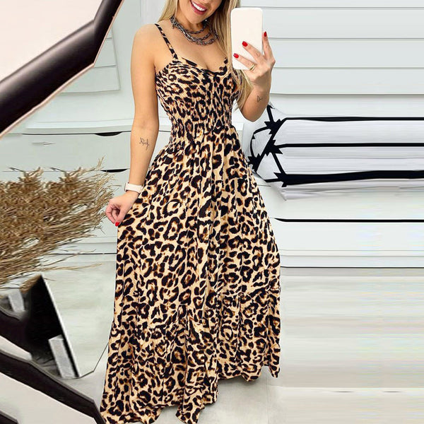 Leopard Print V Neck Sexy Long Dress Women Elastic Waiste Slim