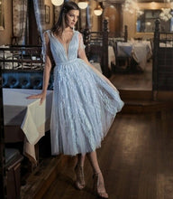 Load image into Gallery viewer, Light Blue Fairy Evening Dress A Line V Neck Tank Backless Tassel Lace
