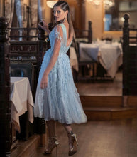 Load image into Gallery viewer, Light Blue Fairy Evening Dress A Line V Neck Tank Backless Tassel Lace