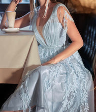 Load image into Gallery viewer, Light Blue Fairy Evening Dress A Line V Neck Tank Backless Tassel Lace