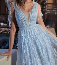Load image into Gallery viewer, Light Blue Fairy Evening Dress A Line V Neck Tank Backless Tassel Lace
