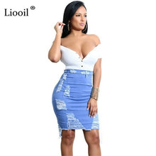 Load image into Gallery viewer, Liooil Womens Blue Jean High Waist Pencil Skirt With Hole