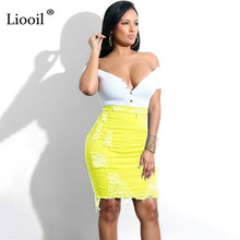 Load image into Gallery viewer, Liooil Womens Blue Jean High Waist Pencil Skirt With Hole