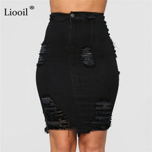 Load image into Gallery viewer, Liooil Womens Blue Jean High Waist Pencil Skirt With Hole