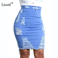 Load image into Gallery viewer, Liooil Womens Blue Jean High Waist Pencil Skirt With Hole