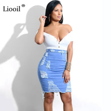 Load image into Gallery viewer, Liooil Womens Blue Jean High Waist Pencil Skirt With Hole