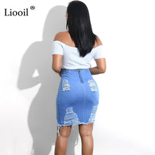 Load image into Gallery viewer, Liooil Womens Blue Jean High Waist Pencil Skirt With Hole