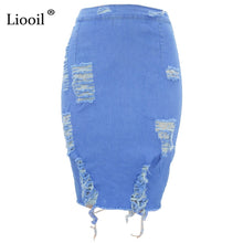 Load image into Gallery viewer, Liooil Womens Blue Jean High Waist Pencil Skirt With Hole