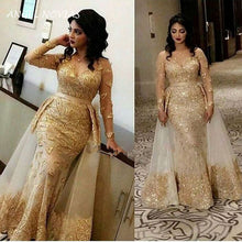 Load image into Gallery viewer, Long Sleeves Elegant Gold Mermaid Lace V Neck Arabic Elegant Evening