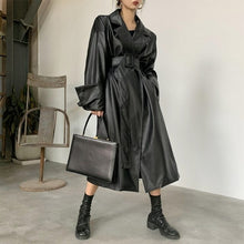 Load image into Gallery viewer, Long oversized leather trench coat for women long sleeve lapel loose