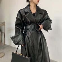 Load image into Gallery viewer, Long oversized leather trench coat for women long sleeve lapel loose