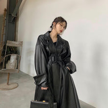 Load image into Gallery viewer, Long oversized leather trench coat for women long sleeve lapel loose