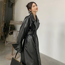 Load image into Gallery viewer, Long oversized leather trench coat for women long sleeve lapel loose