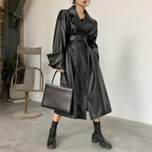 Load image into Gallery viewer, Long oversized leather trench coat for women long sleeve lapel loose