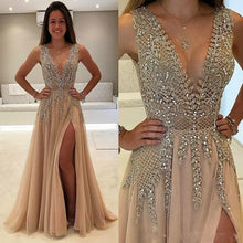 Load image into Gallery viewer, Luxury Beadings Crystals Sequined Deep V Neck Prom Evening Dresses