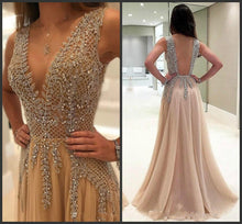 Load image into Gallery viewer, Luxury Beadings Crystals Sequined Deep V Neck Prom Evening Dresses
