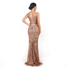 Load image into Gallery viewer, Luxury Champagne Mermaid Evening Dresses V Neck Sleeveless Muslim
