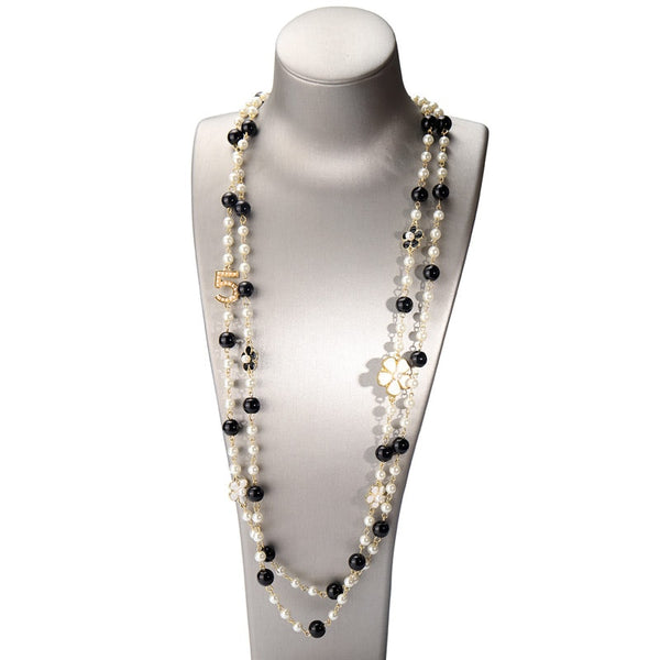 Luxury brand design number 5 long pearl necklace camellia double layer